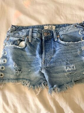 7 For All Mankind Light Blue Distressed Denim Shorts with custom ties & grommets